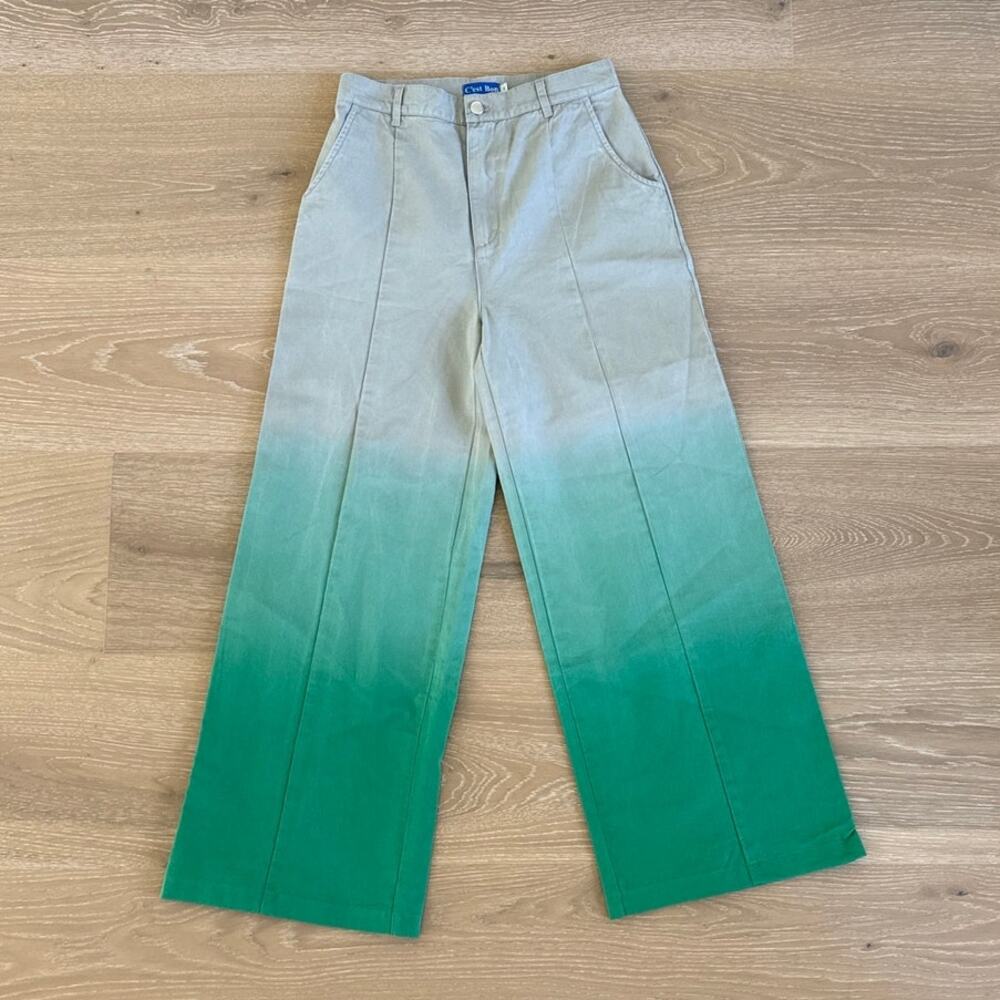 C'est Bon Wide Leg Ombre Pants Size S Tan Green